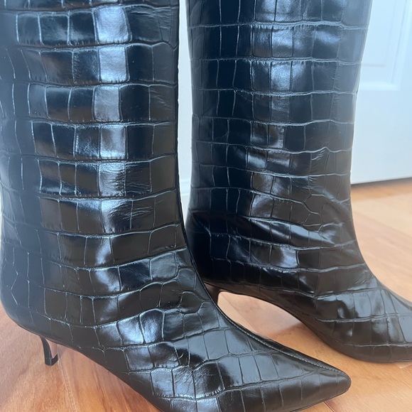 SCHUTZ Maryana Low Heel Black Croc-Embossed Heeled Boots - Picture 2 of 11